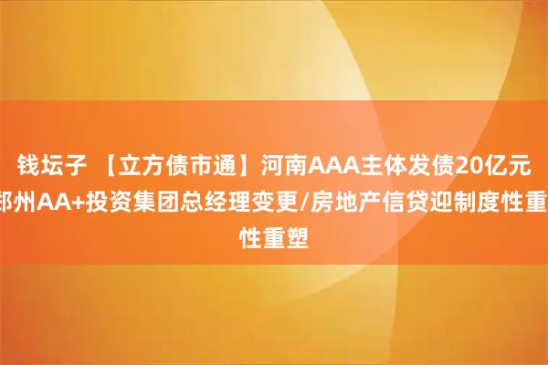 钱坛子 【立方债市通】河南AAA主体发债20亿元/郑州AA+投资集团总经理变更/房地产信贷迎制度性重塑